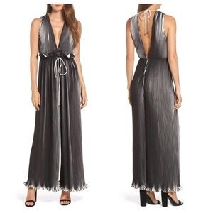 C/MEO Collective Dream Chaser Pleated Striped Wide Leg Deep V Jumpsuit